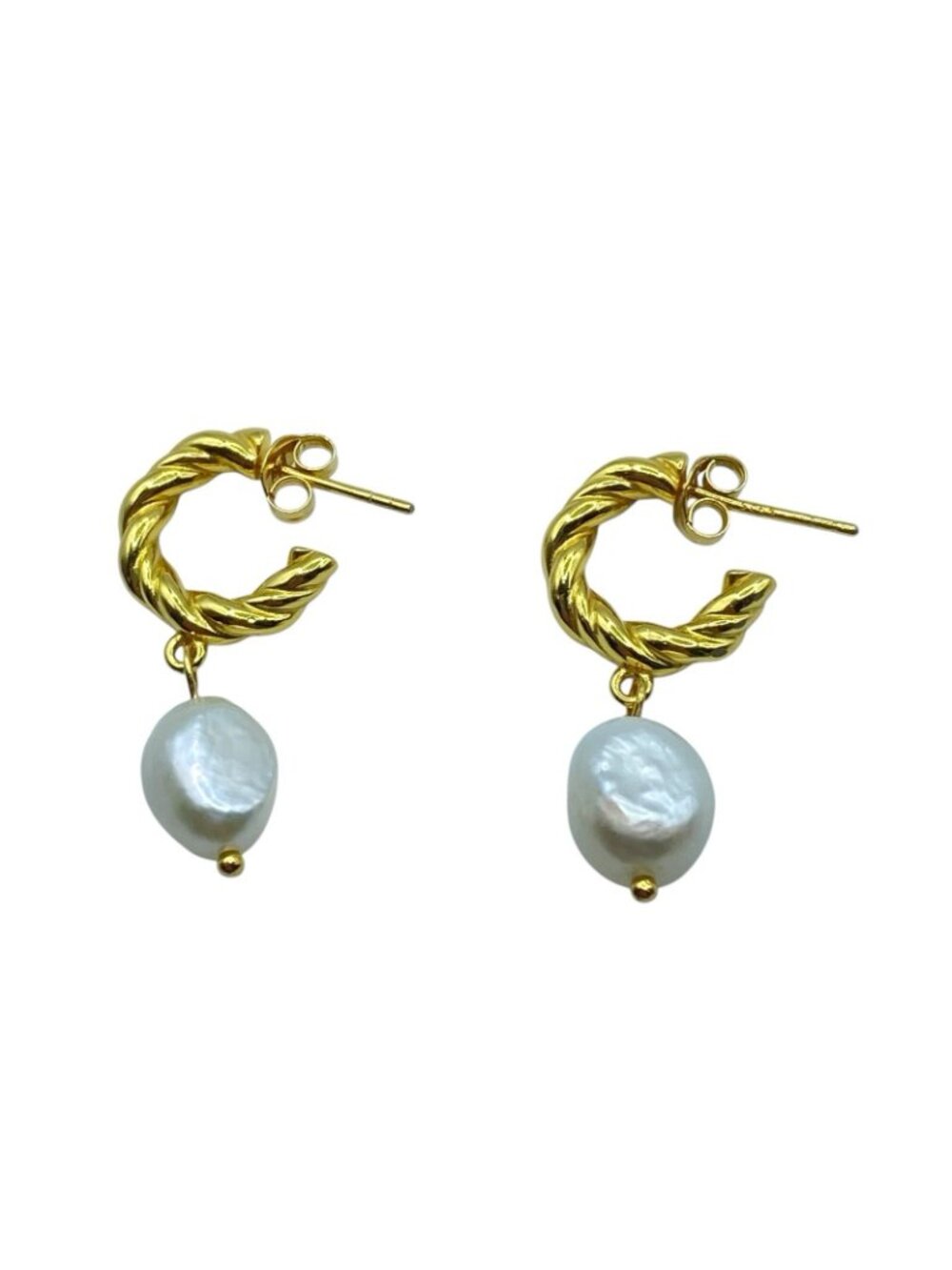 Gold Vermeil Sterling Silver Twisted Half Hoop Earrings Pearl Dangles